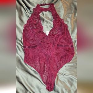 Burgundy Flocked Polka Dot Halter Teddy sz L